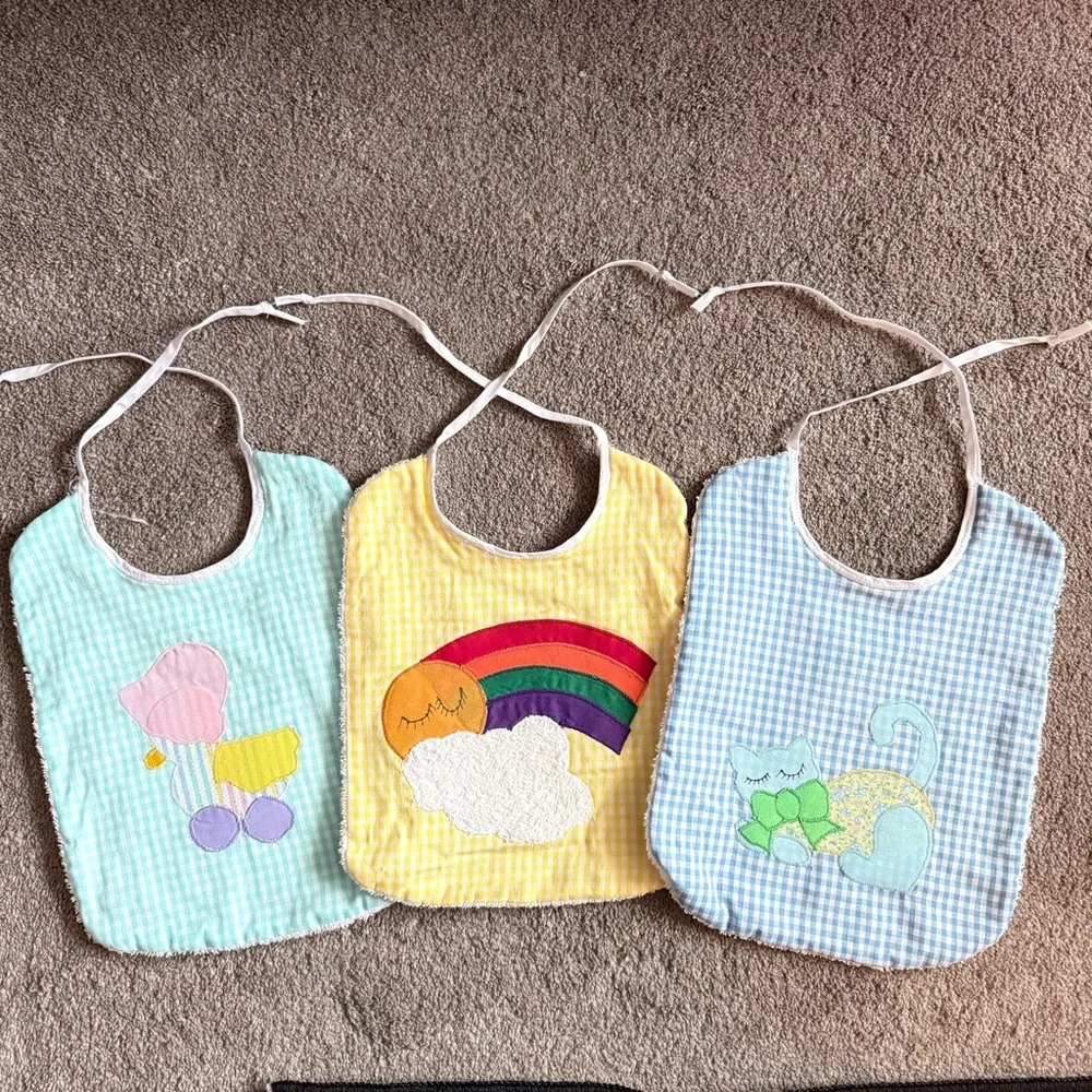 🍓 Handmade Gingham Pastel Cat Rainbow Duck Terry Cloth Tie Back Bibs (3 Pack)